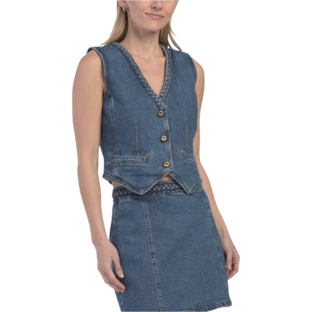 AVEC LES FILLES Denim Vest With Braided Trim